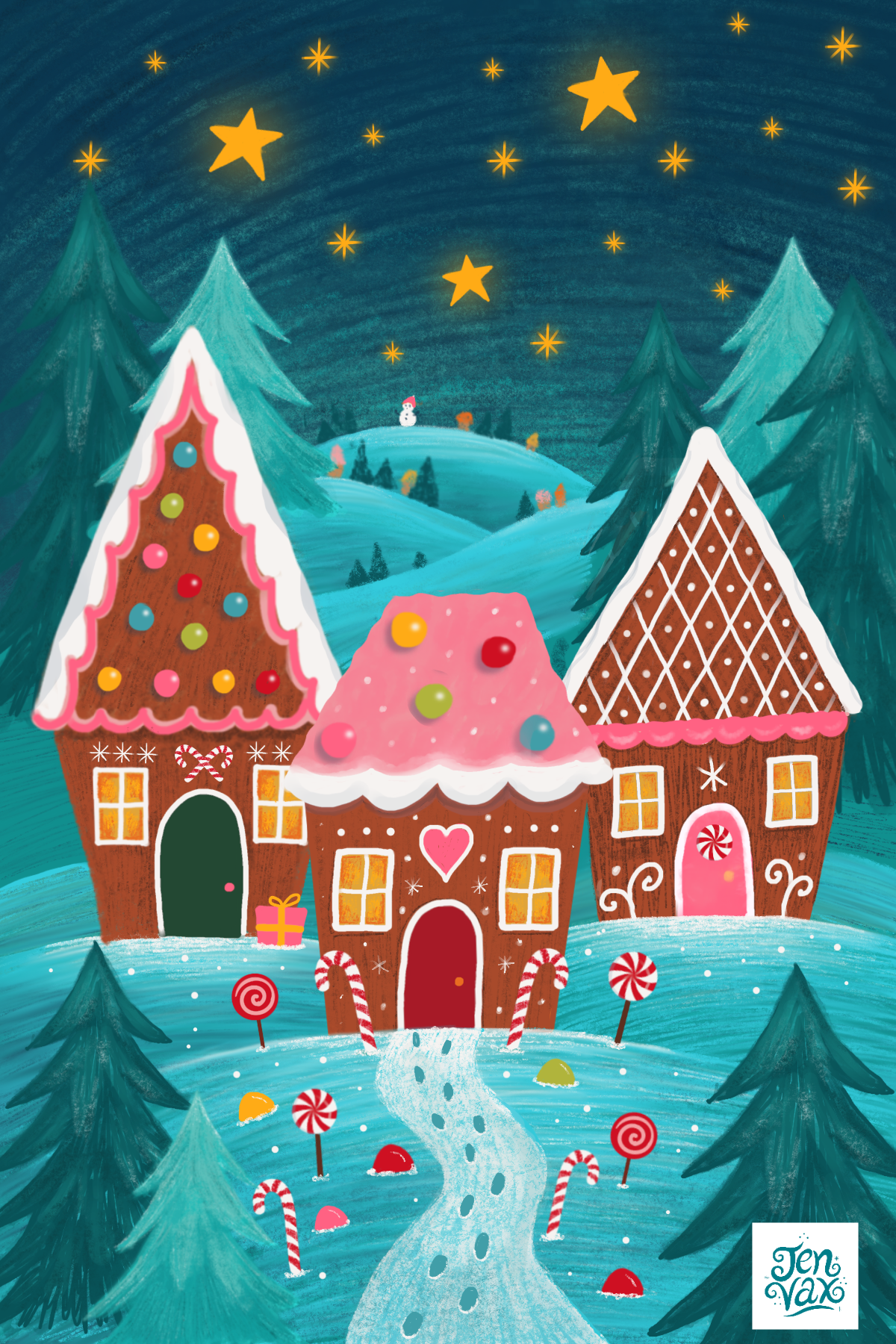 Whimsical gingerbread village beneath a star-filled winter night sky