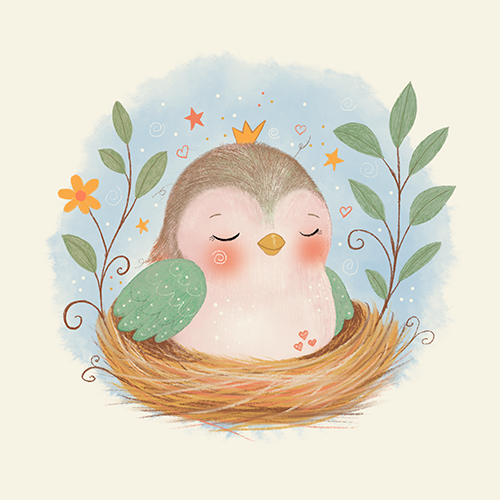 Soft whimsical baby bird illustration in a gentle nursery style