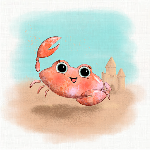 Whimsical orange crab character on a beach beside a small sandcastle
