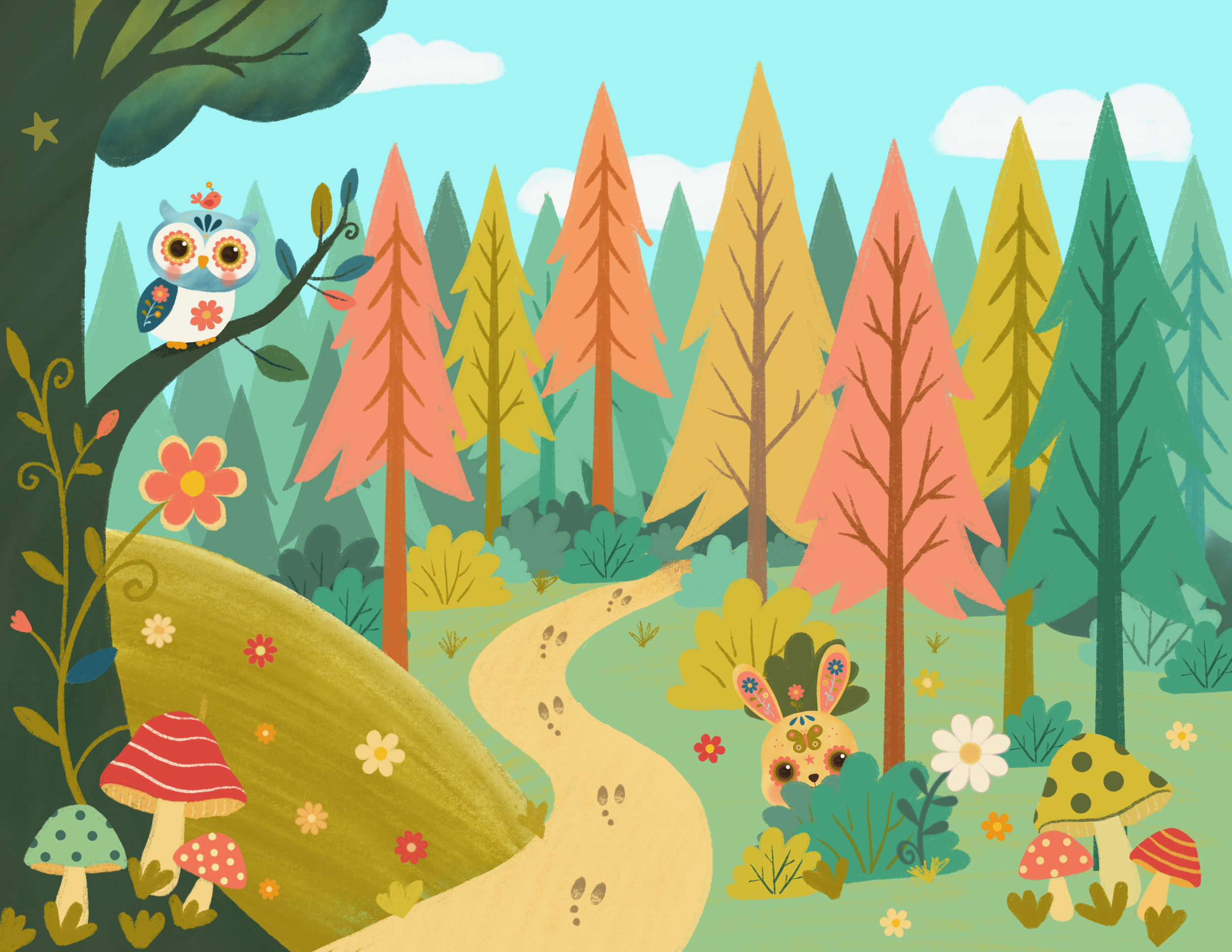 Colorful whimsical forest filled with mushrooms, an owl, a bunny and a winding path