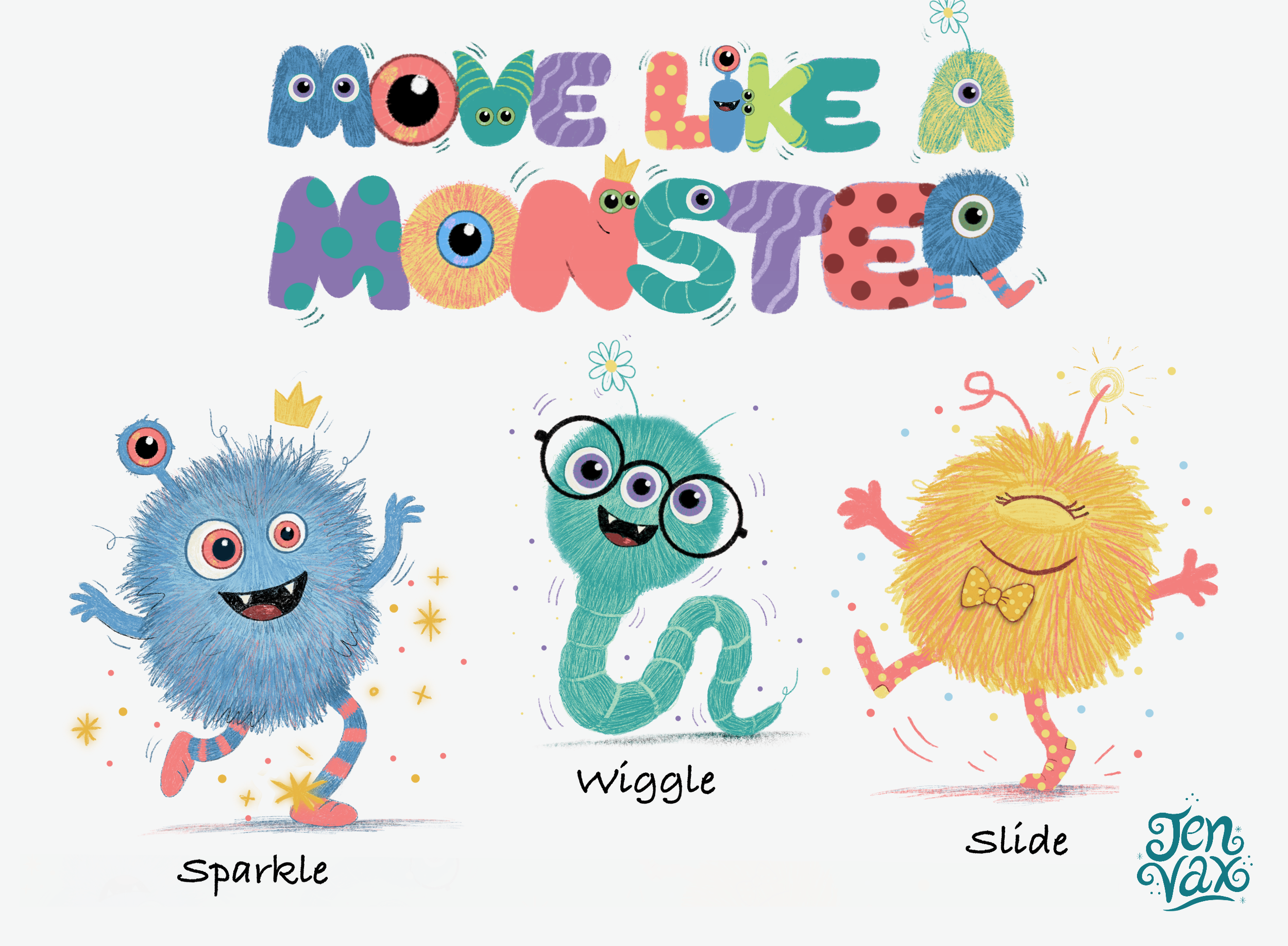 Three colorful quirky monster characters with playful expressions