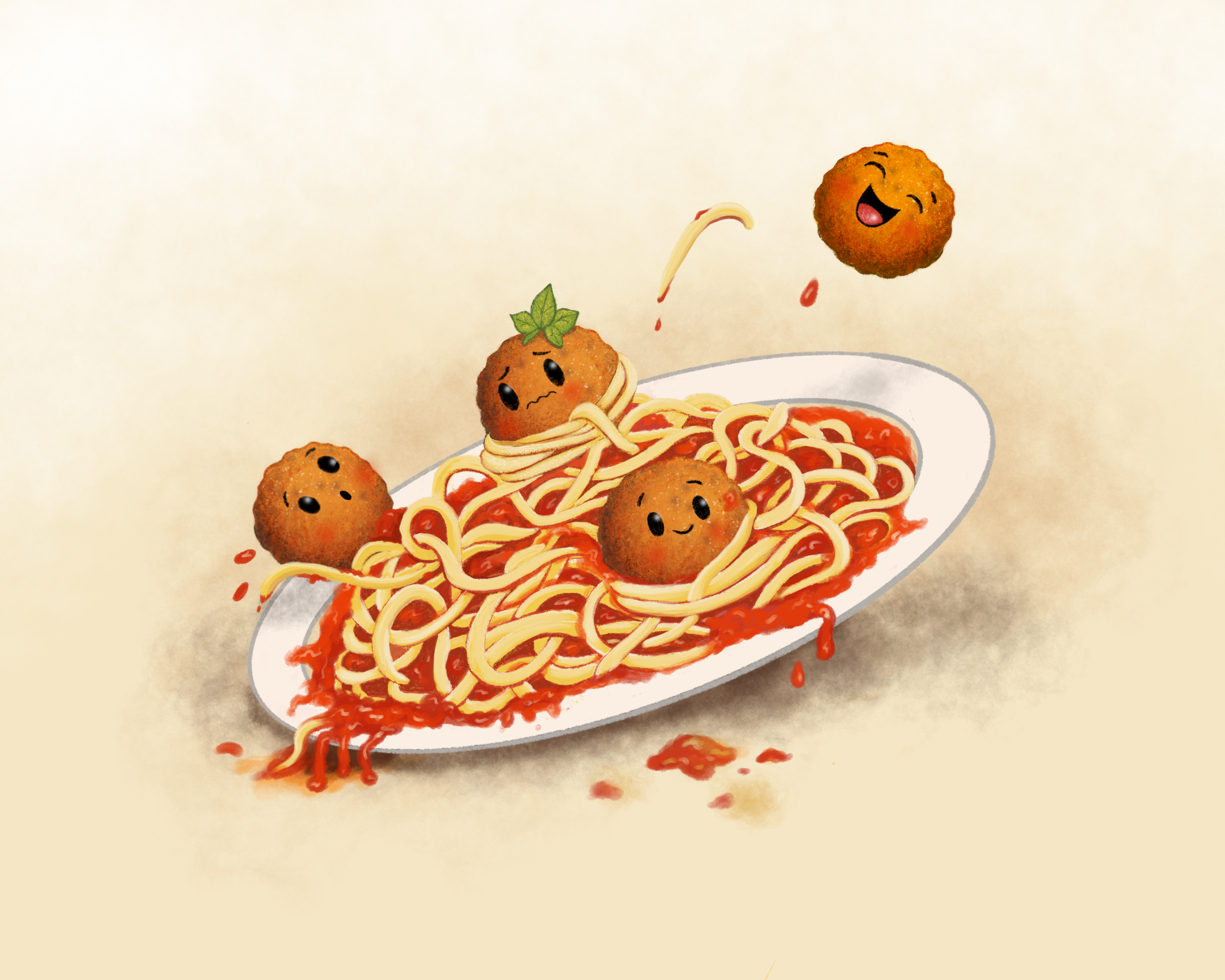 Funny illustrated meatball characters tangled in a plate of spaghetti