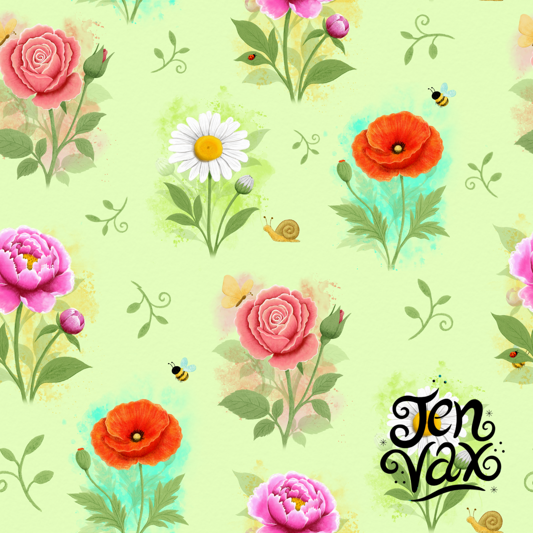 Repeating whimsical floral surface pattern on a green background