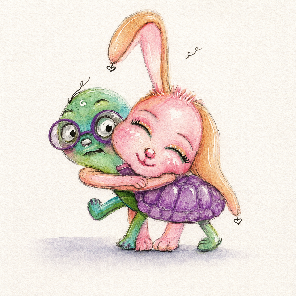 Expressive pink bunny giving a surprised green turtle an enthusiastic hug