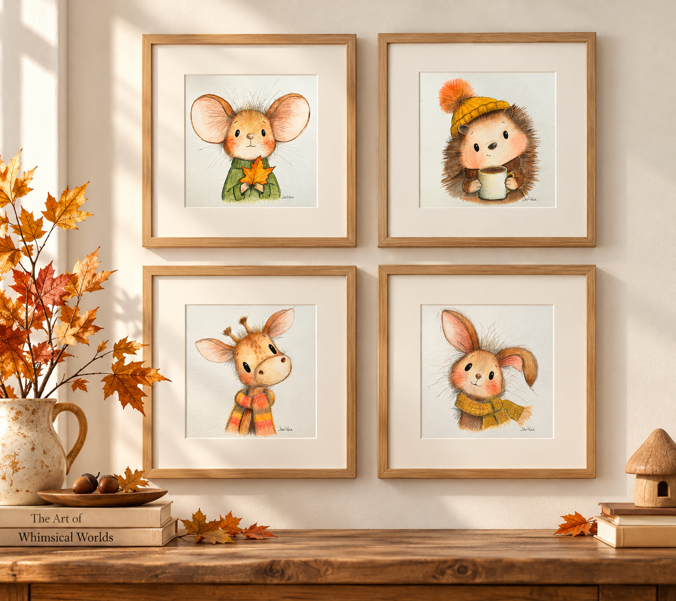 Four framed autumn animal character paintings