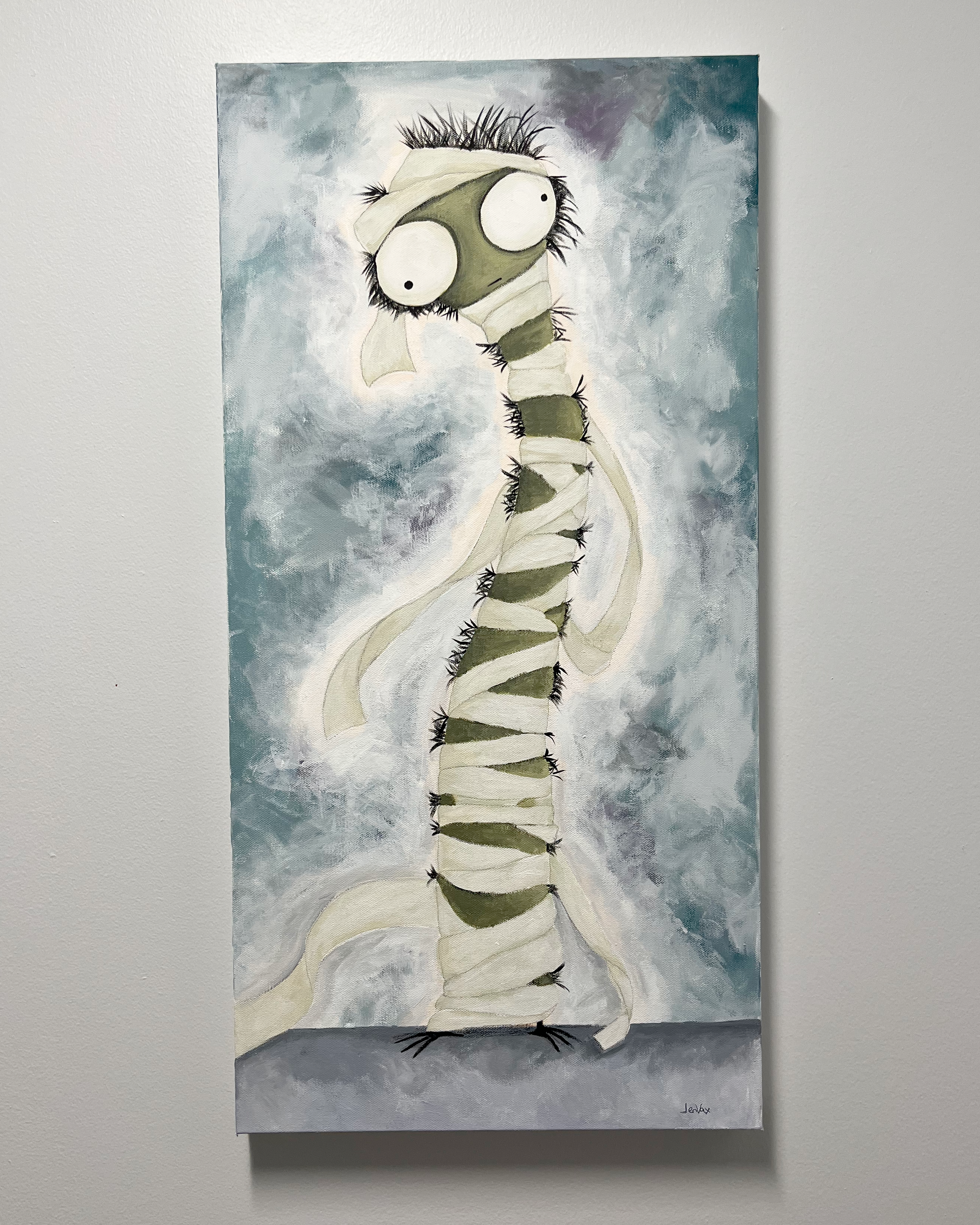 Original whimsical mummy painting by Jen Vax