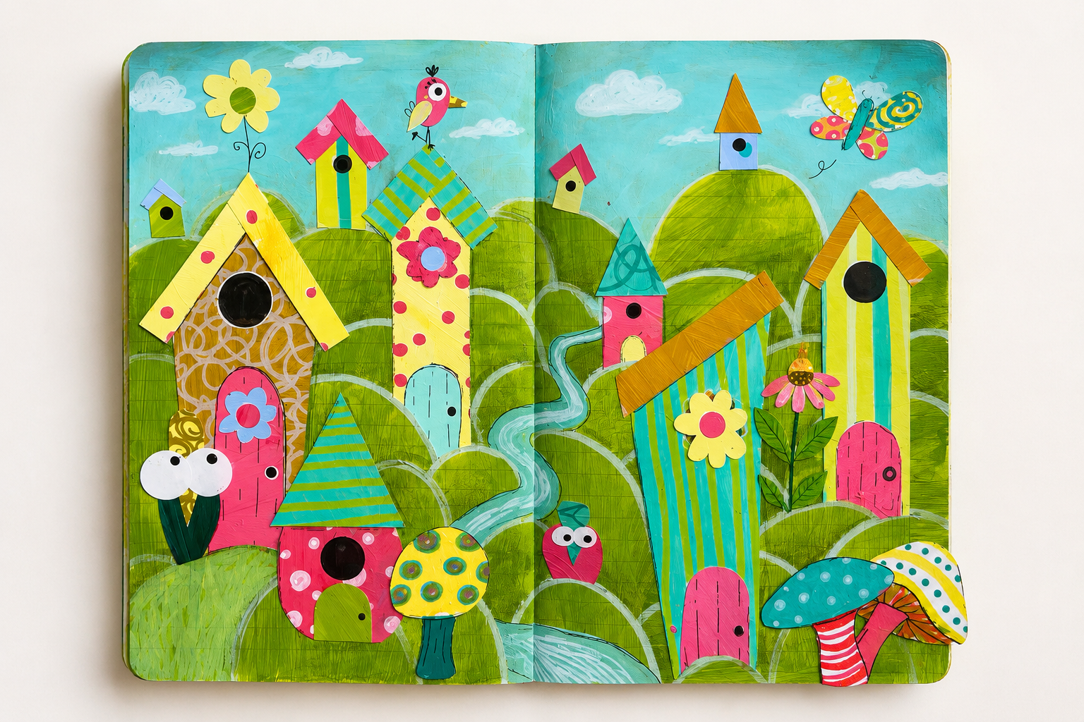 Colorful mixed-media art journal spread filled with whimsical birdhouses, hills and tiny characters