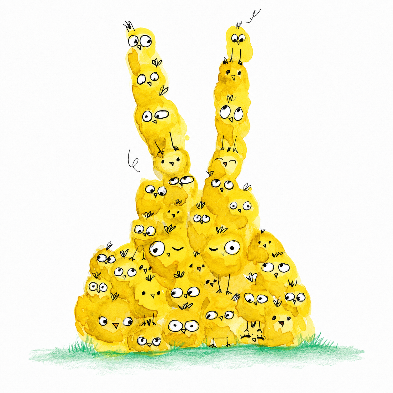 Playful hand-painted stack of expressive yellow chick characters
