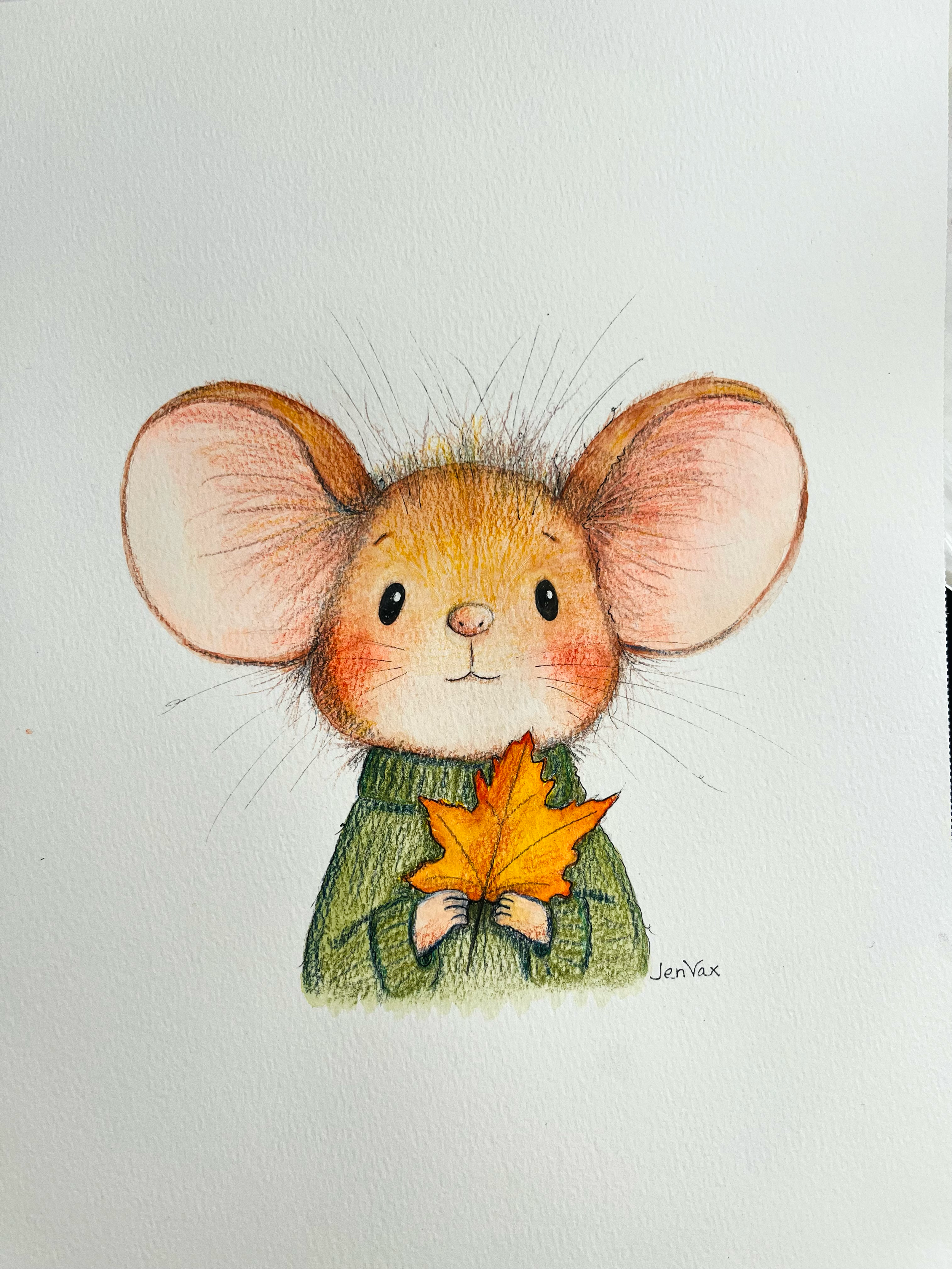 Percy the Mouse holding an autumn leaf, original portrait