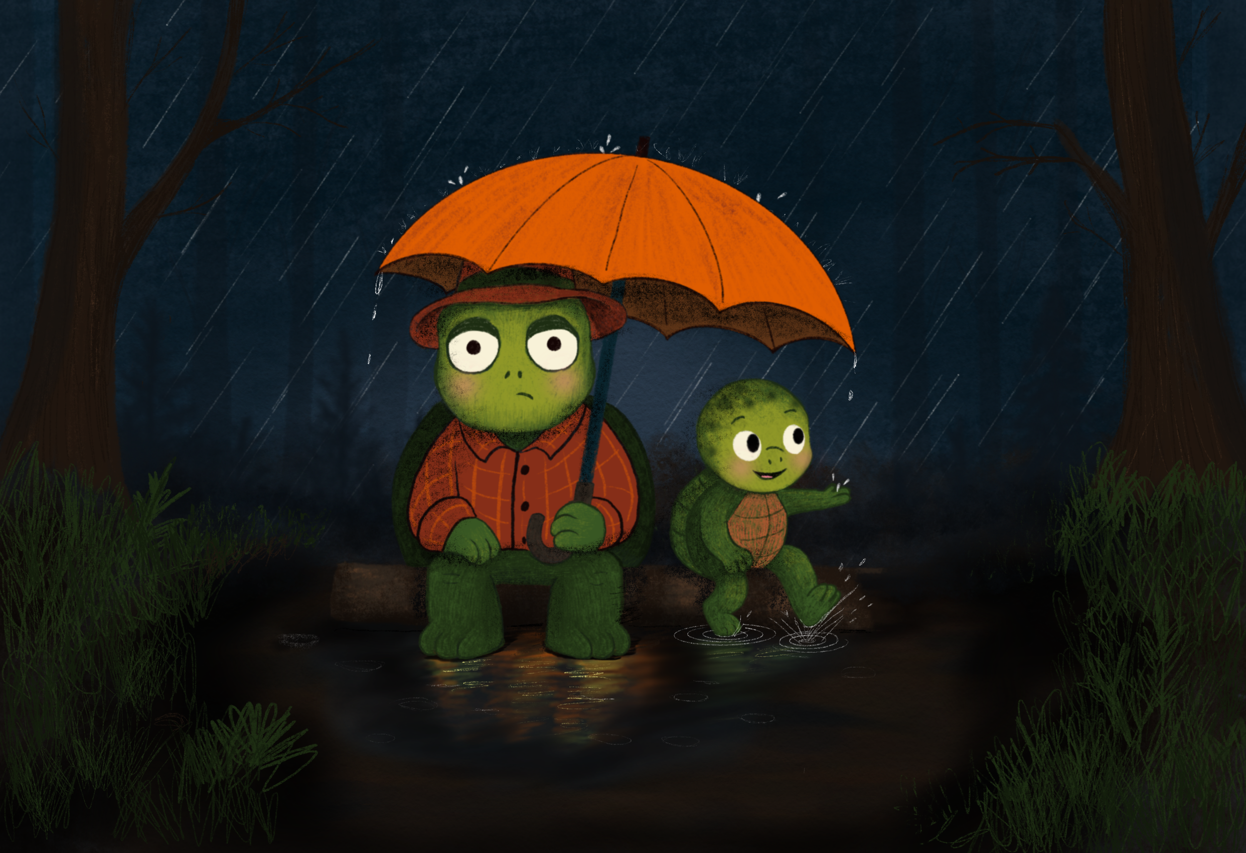 Parent and child turtle characters sitting together beneath an orange umbrella in the rain