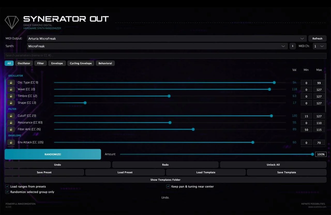 Synerator Out running on a MacBook in a studio, connected to hardware synths