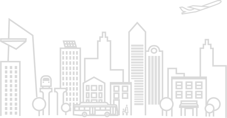 An urban landscape with skyscrapers and multiple aircraft flying in the sky above the city.