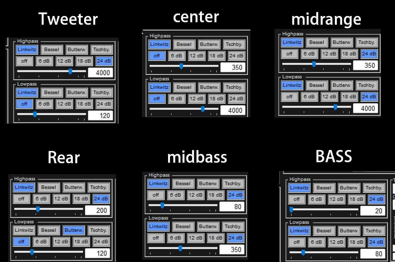 Mosconi crossover panels showing starting point highpass and lowpass settings for tweeter, midrange, midbass, bass, center and rear channels