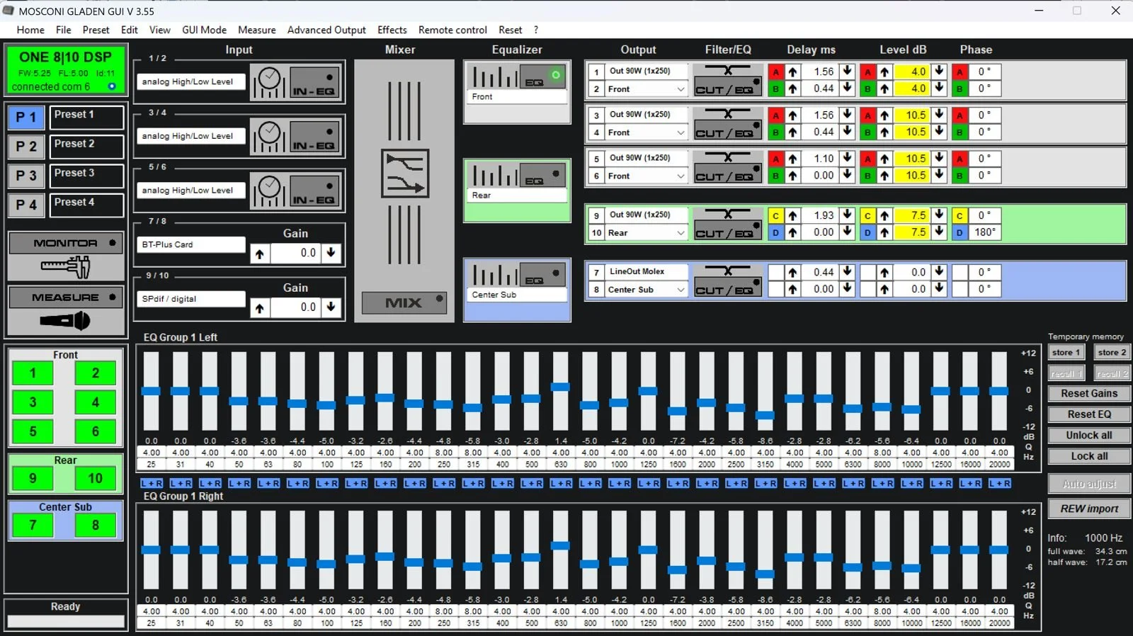 Mosconi Gladen GUI V3.55 main screen connected to a ONE 8|10 DSP, showing inputs, mixer, output routing, delay, level, phase and the 30-band equalizer