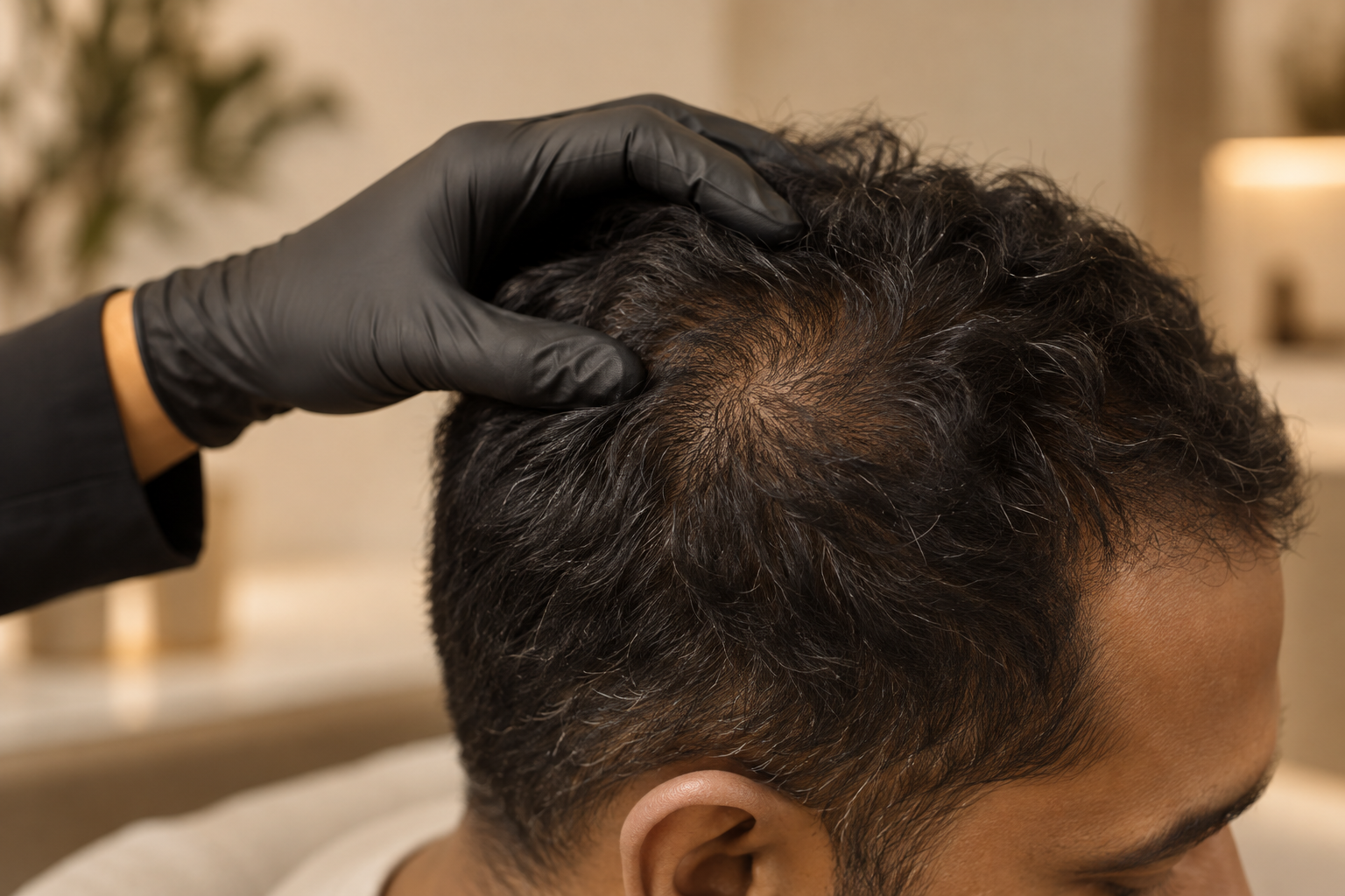 Gloved hand assessing thinning hair during a hair restoration consultation at Jlyss Aesthetics