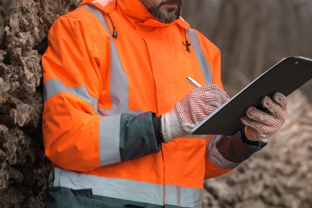 Geotechnical engineer recording exposed ground conditions during a site walkover survey