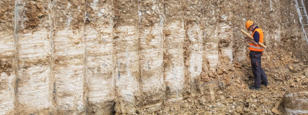 Geotechnical engineer inspecting exposed ground conditions for design assessment