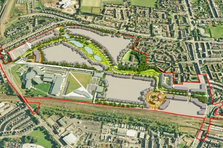 Aerial masterplan of the Central Park regeneration scheme in Darlington, showing development plots and landscaped areas.