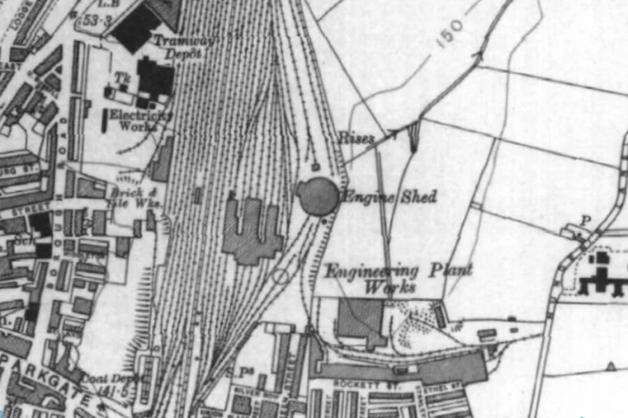 Historic map showing the engine shed, railway sidings and engineering works at Central Park, Darlington