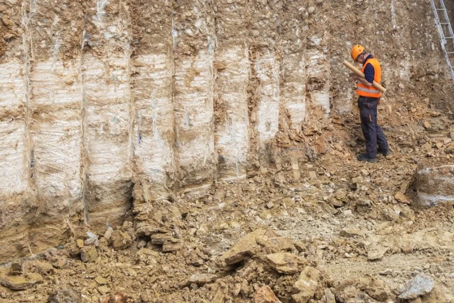Geotechnical engineer inspecting a bored pile retaining wall installation as part of Northpoint's design consultancy services.