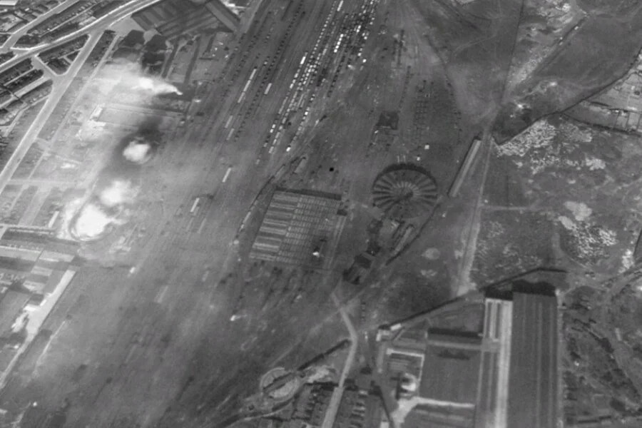 Historic aerial view showing the railway engine shed, turntable and sidings at Central Park, Darlington