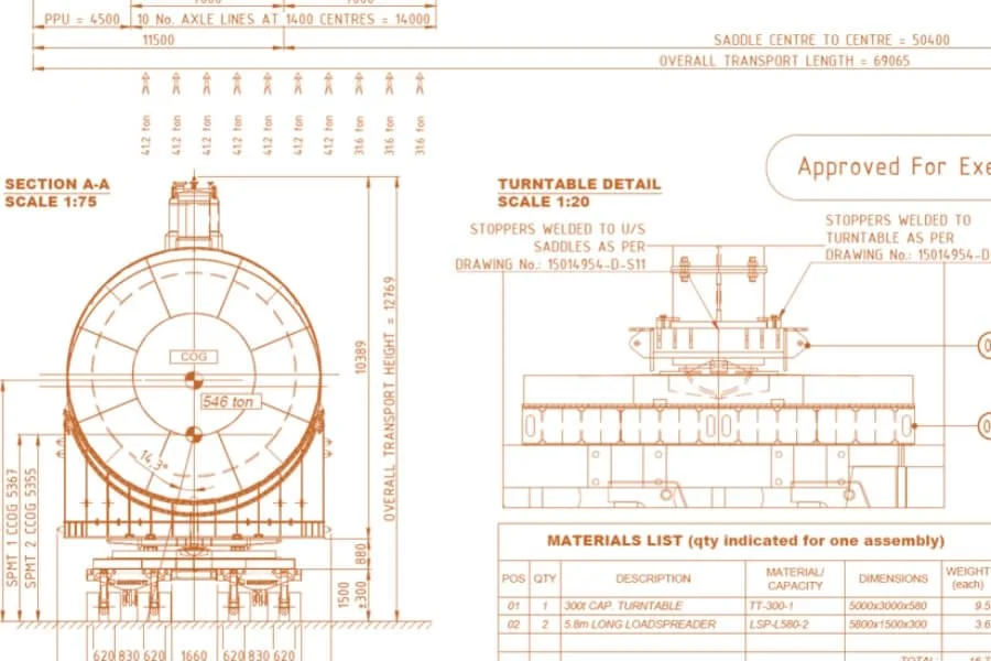 Engineering drawing showing the vessel end elevation and turntable detail for the abnormal-load transporter.