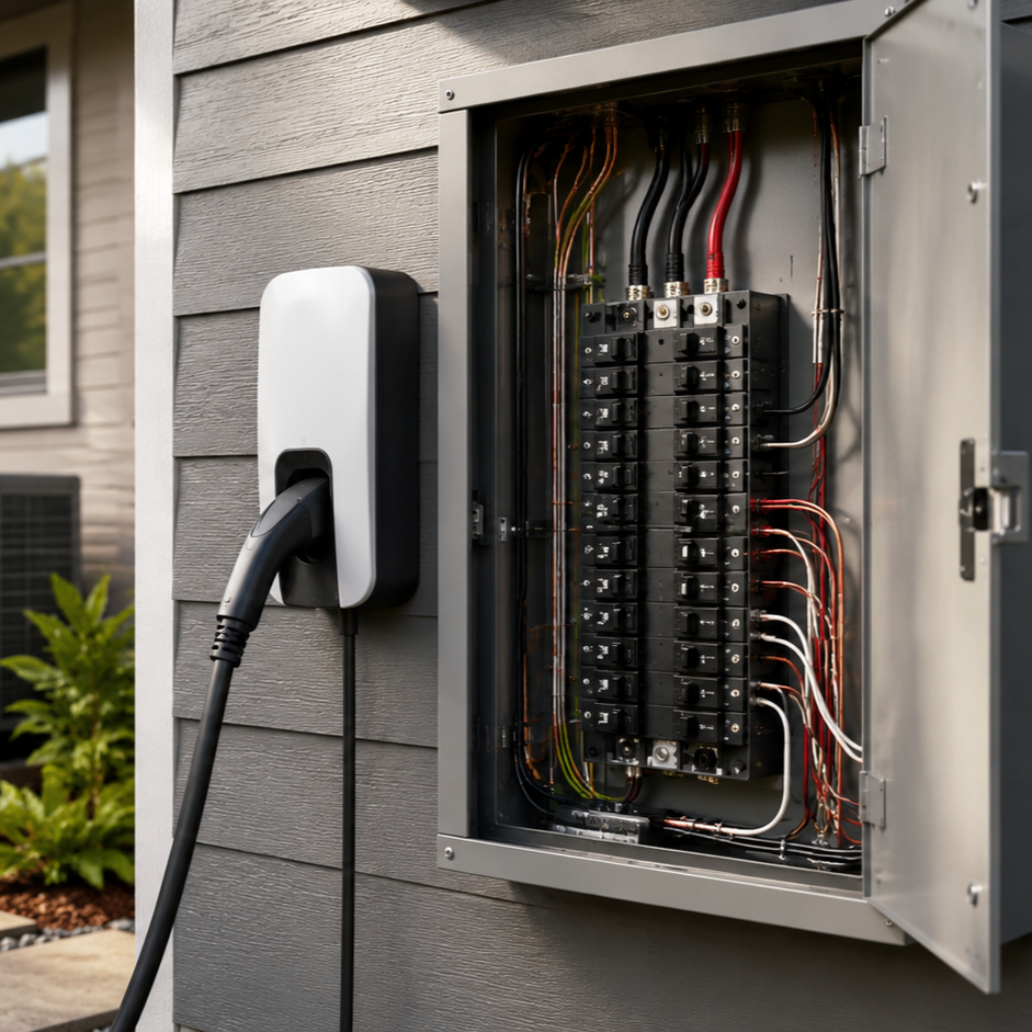 modern electrical panel with labelled 200-amp breakers