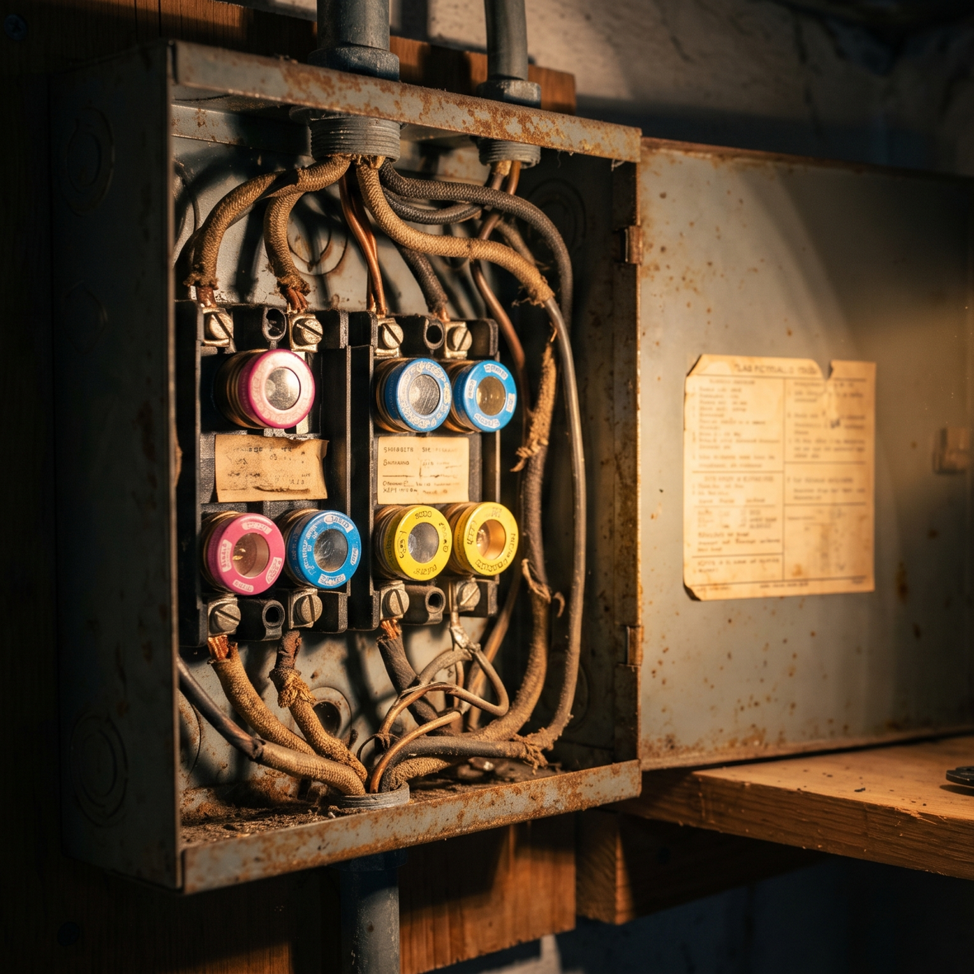 old residential fuse box with corroded wires near breaker panel