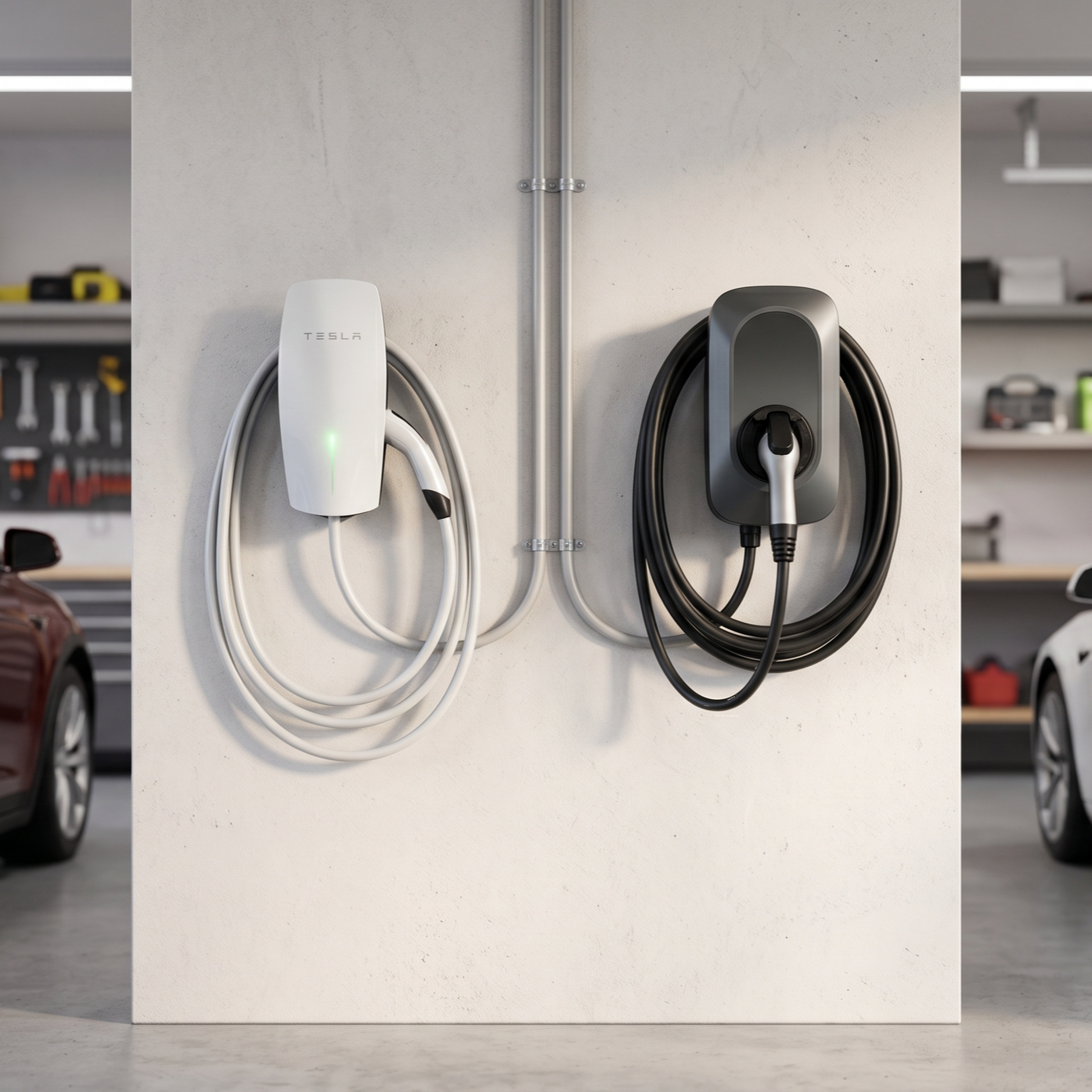 white Tesla Wall Connector mounted beside an electric vehicle