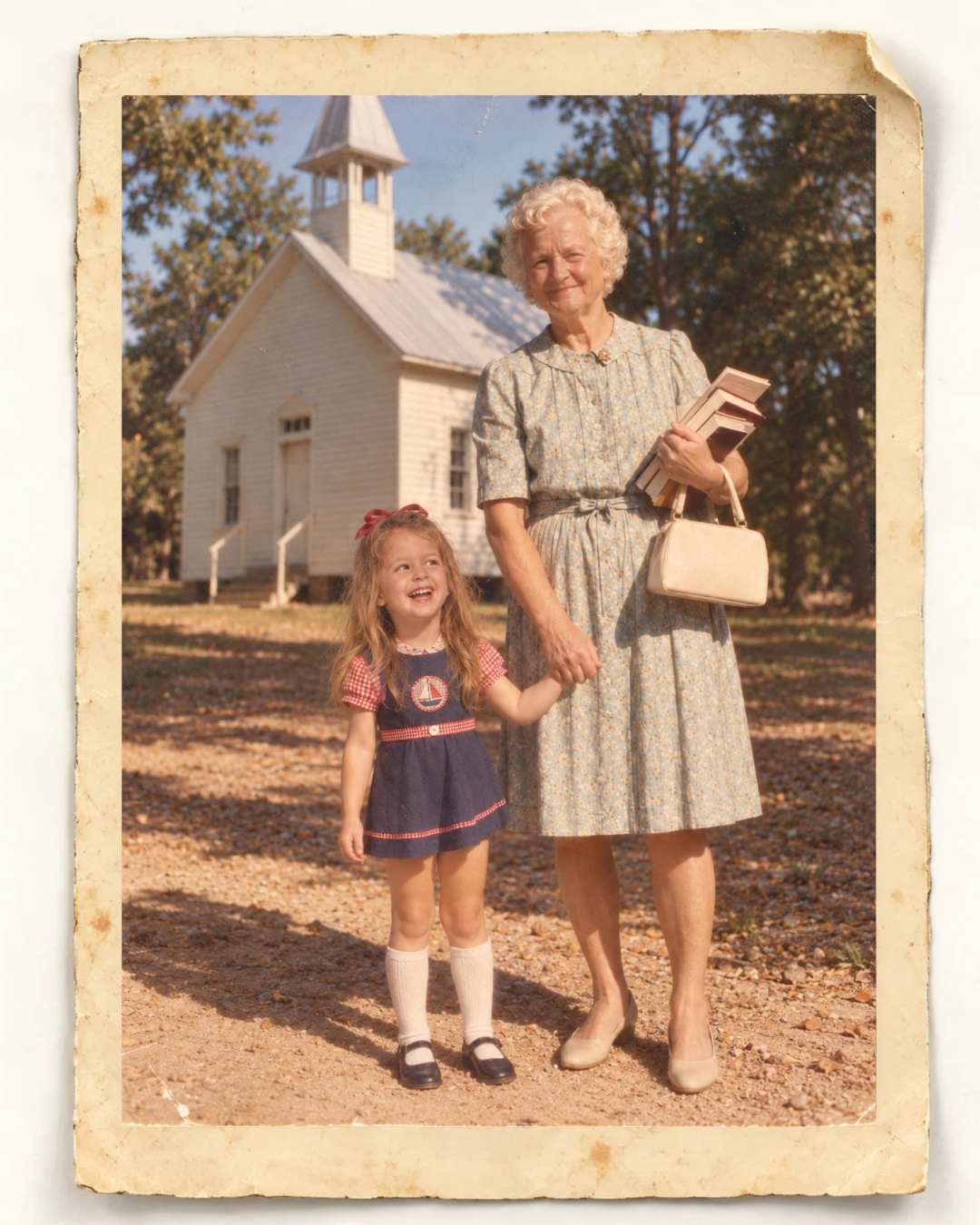Young Lauren with her grandmother outside Oliver’s Chapel, in an aged family-photo artifact