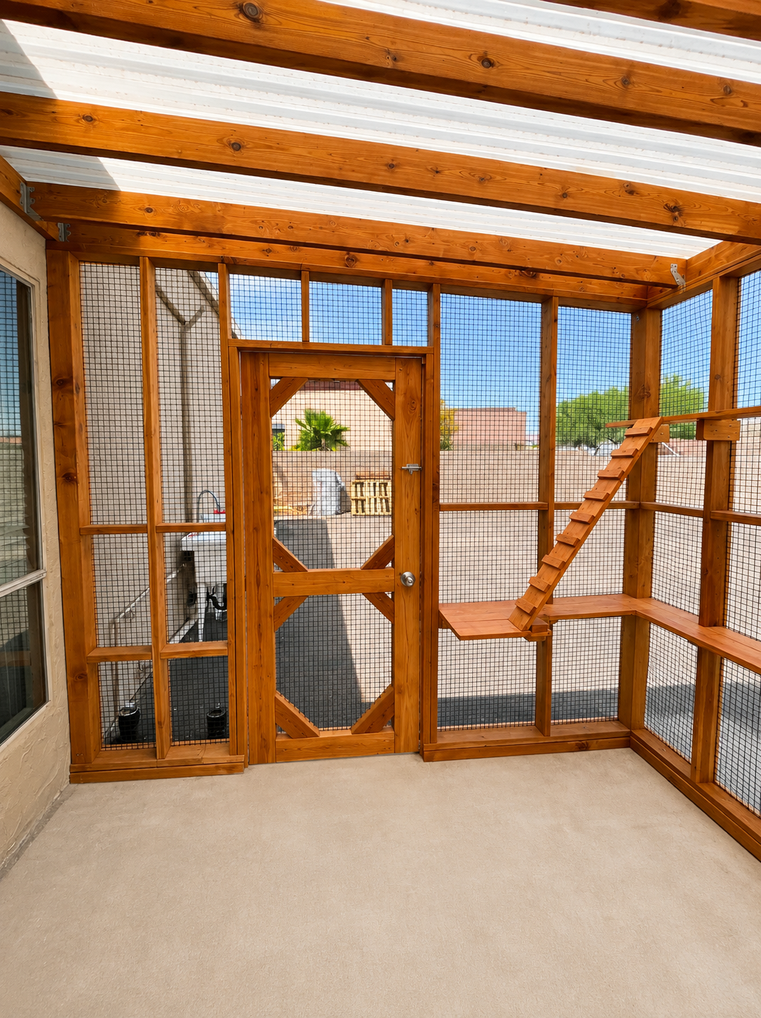 Walk-in catio with climbing ramps and perches, by Monument Catios