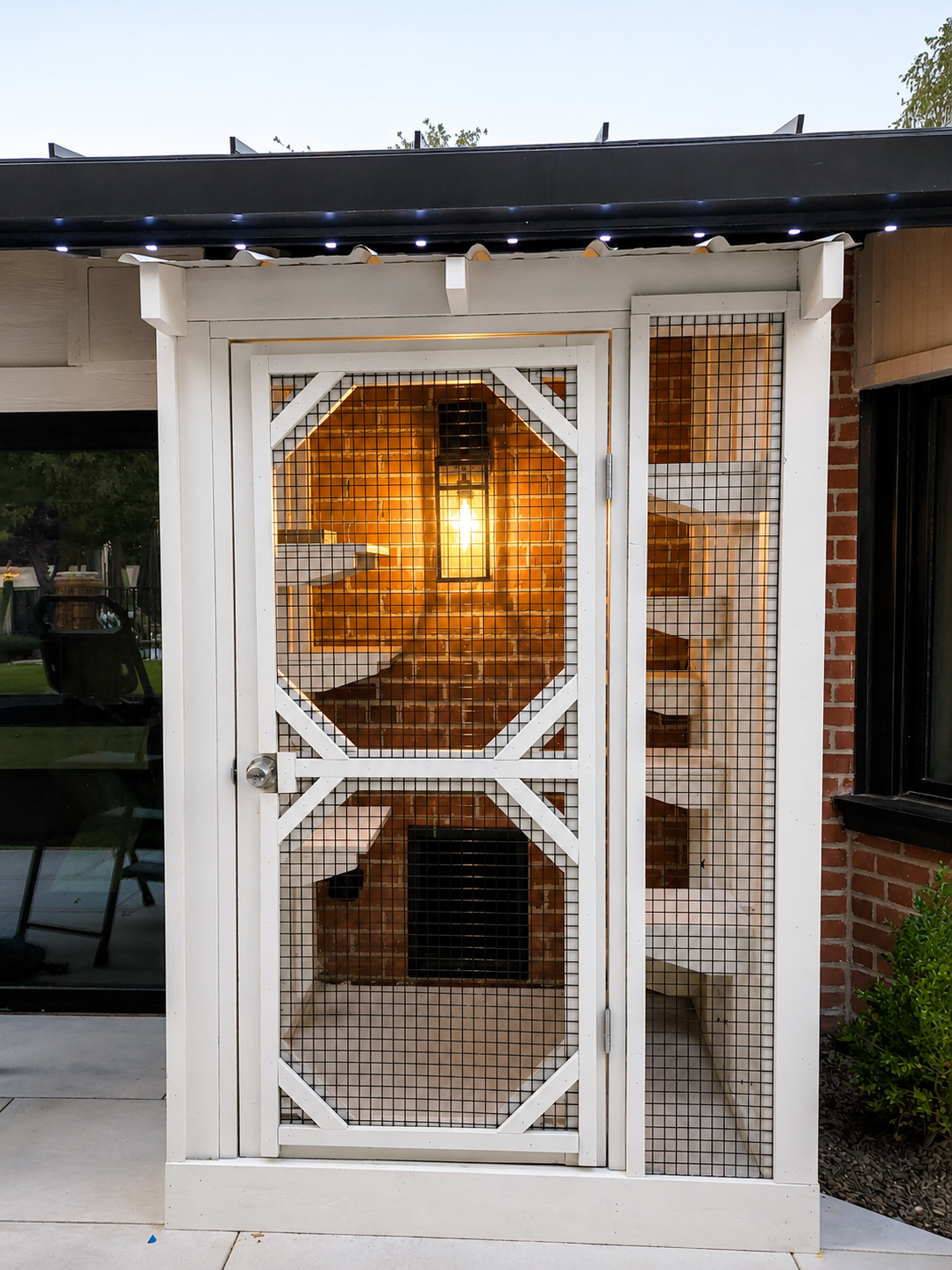 White catio with built-in lighting and cat shelves, by Monument Catios