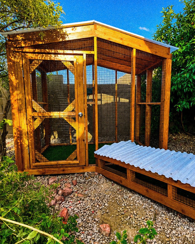 Custom outdoor pet enclosure with covered run, by Monument Catios