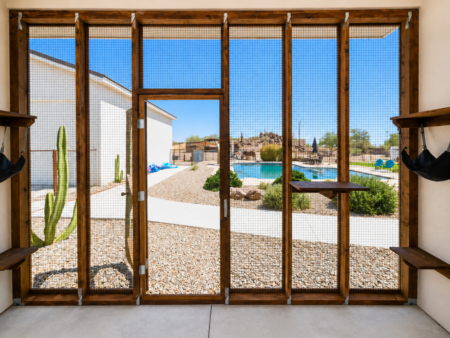Floor-to-ceiling screened patio catio with cat shelves, by Monument Catios