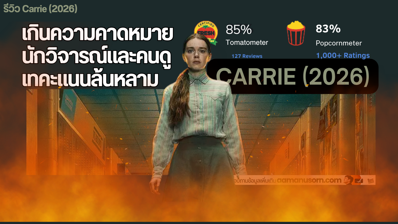 กราฟิก Carrie (2026) แสดงคะแนน Rotten Tomatoes ตามภาพต้นฉบับ นักวิจารณ์ 85 เปอร์เซ็นต์ และผู้ชม 83 เปอร์เซ็นต์