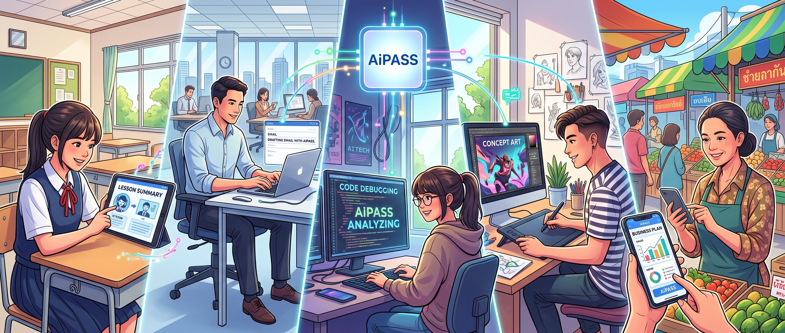 ภาพประกอบการใช้งาน AiPASS สำหรับการเรียน การทำงาน ธุรกิจ และงานสร้างสรรค์