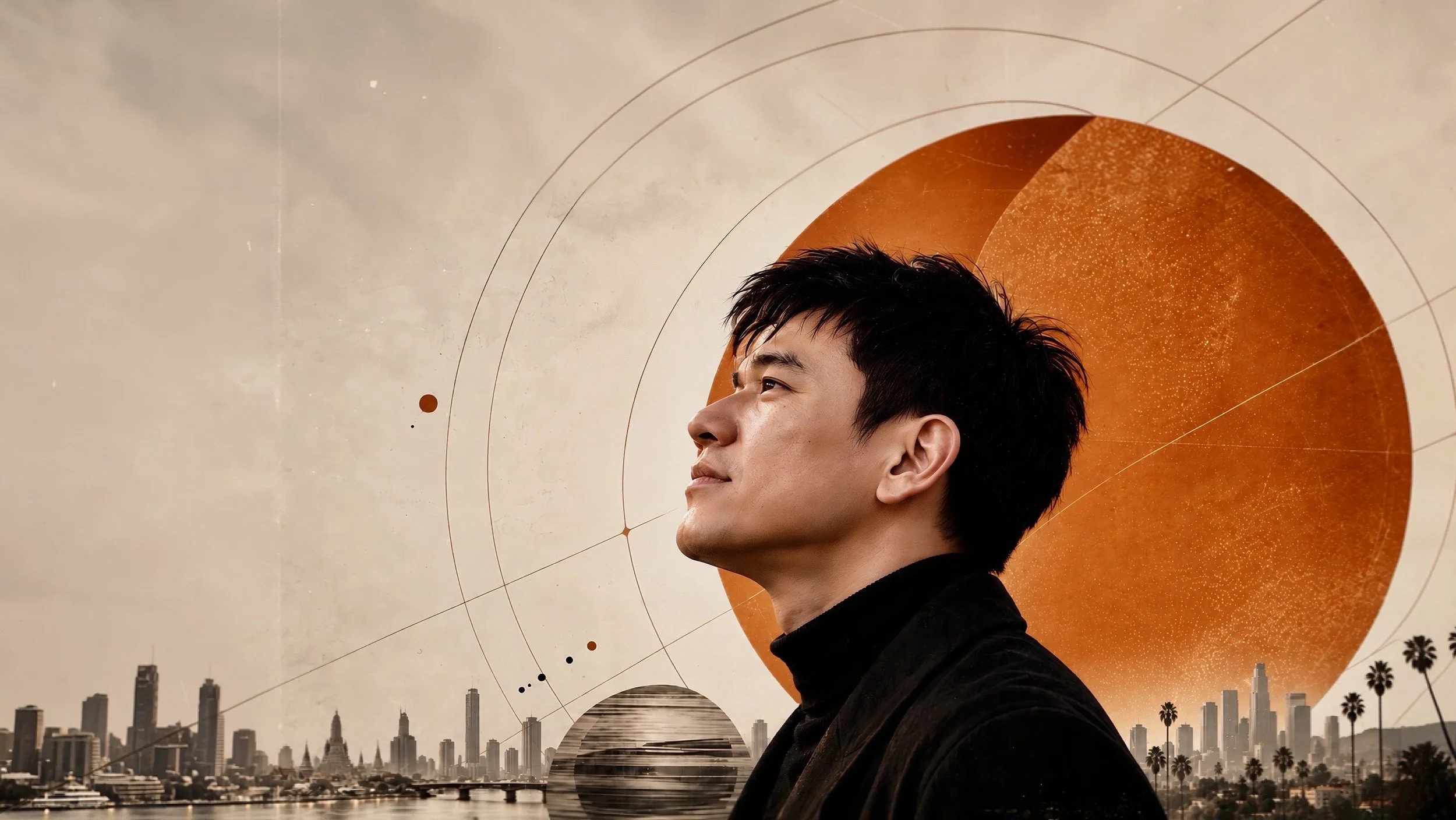 Aam Anusorn in profile against an editorial cityscape and rust-orange sun
