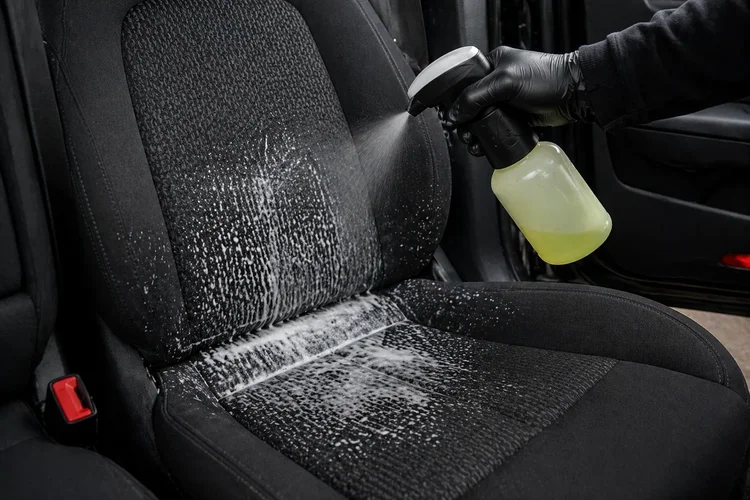 Enzyme cleaner sprayed onto car seats