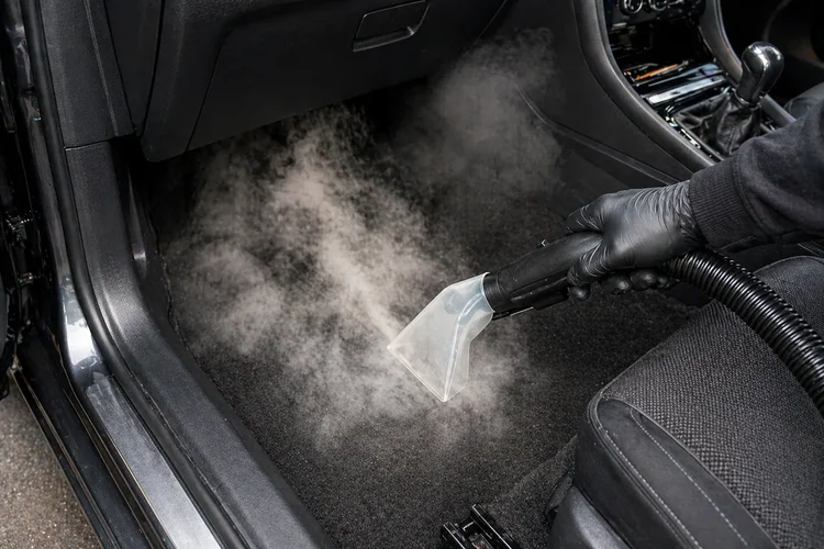 Steam shampoo and extraction on car carpets