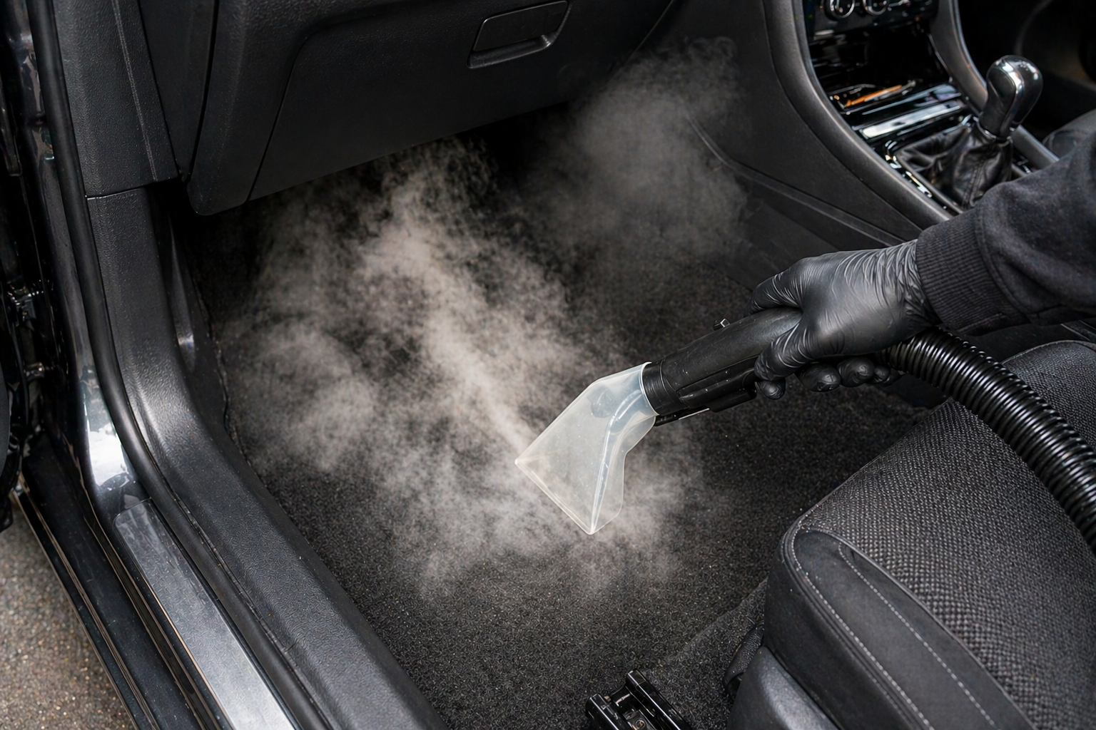 Steam shampoo and extraction on car carpets