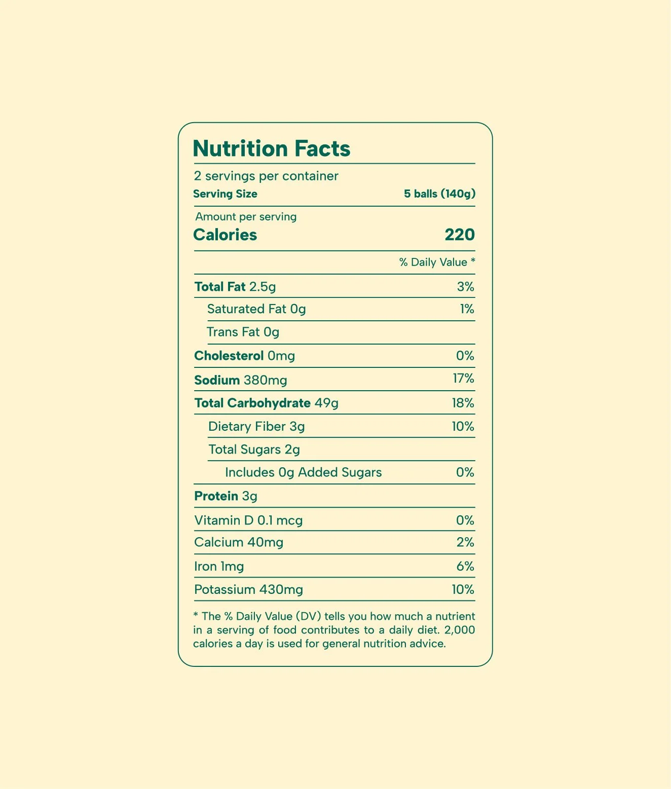 Veggie potato ball nutrition information