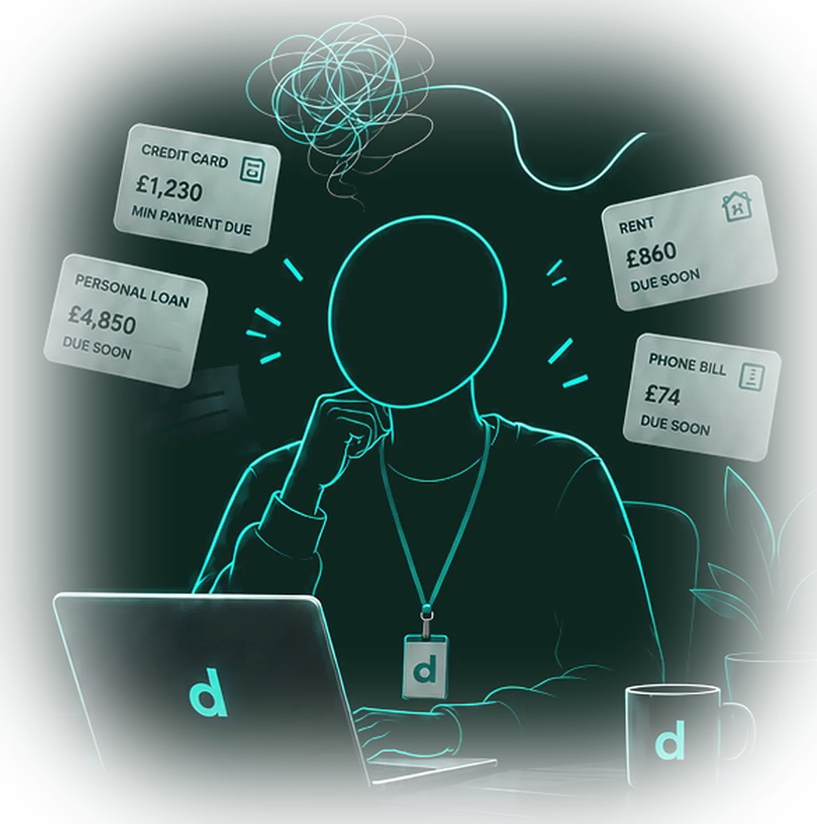 Illustration: a person at a laptop, bills around them and a tangled line above their head