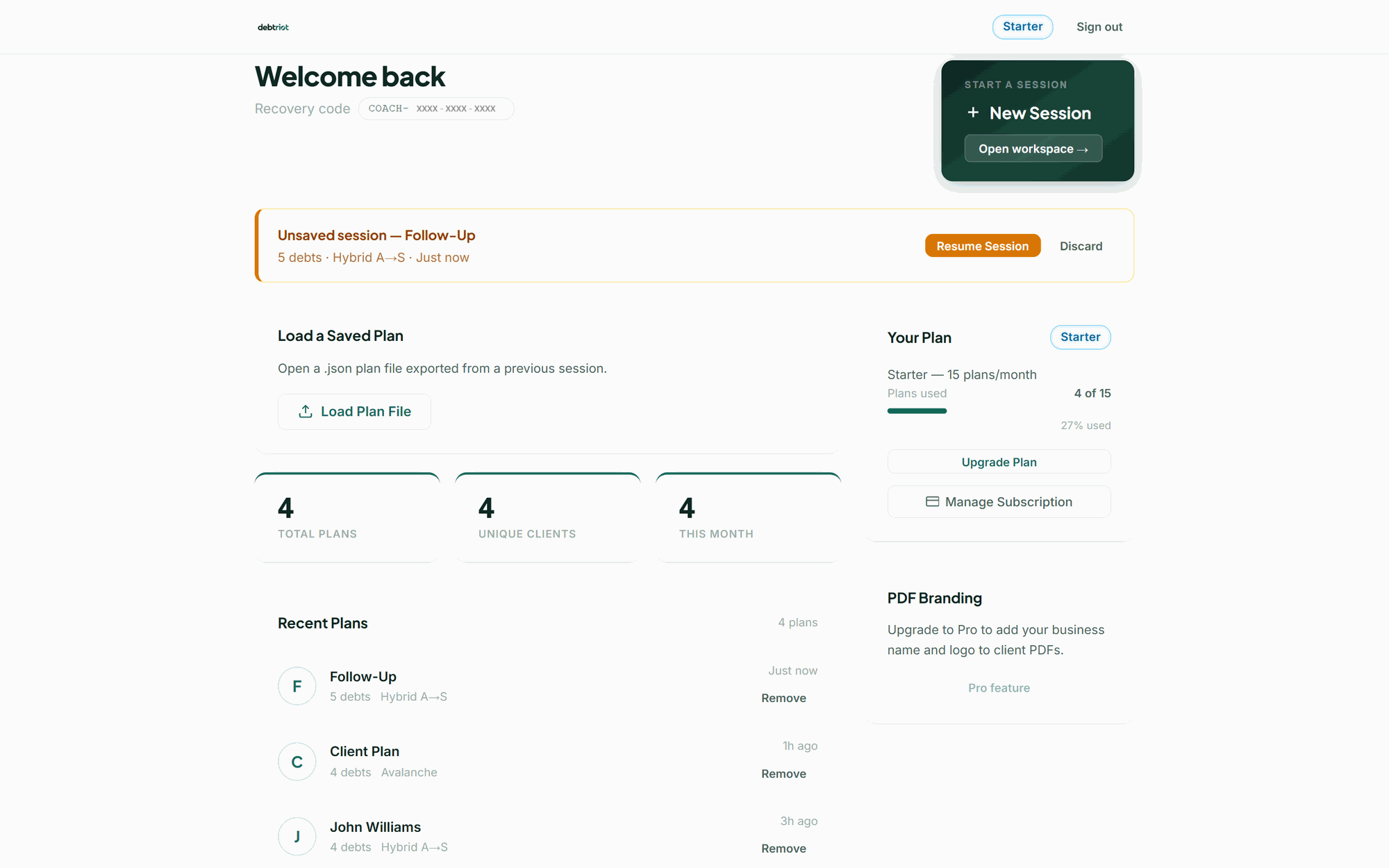 Coach dashboard with client plans