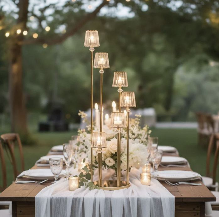A candlelit reception tablescape