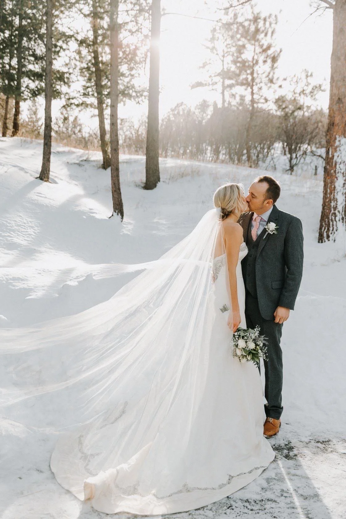 Winter wedding with dramatic veil