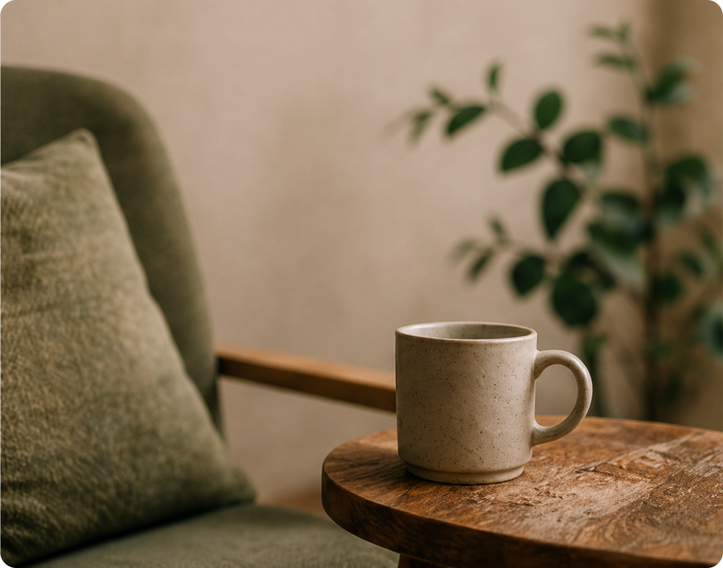 A calm counselling space with a cup of tea