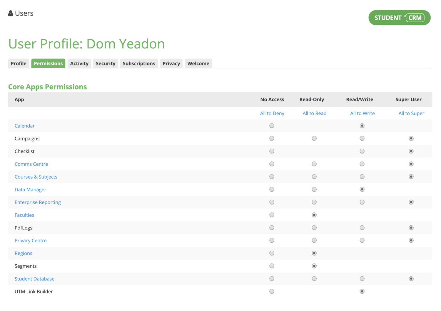 User profile and permissions management in Student CRM