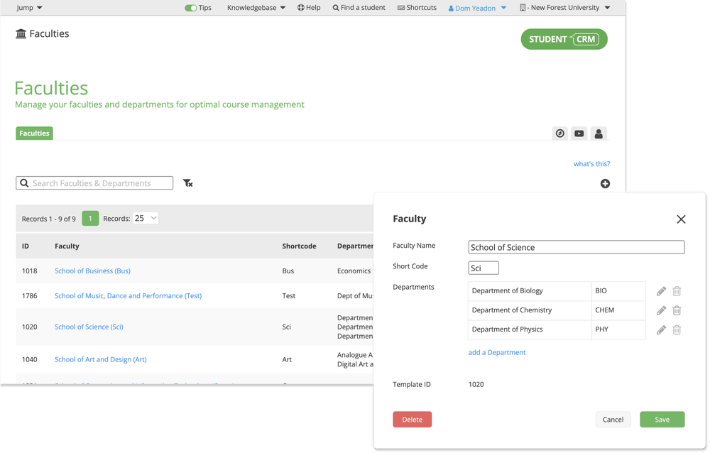 Faculties and departments structure in Student CRM