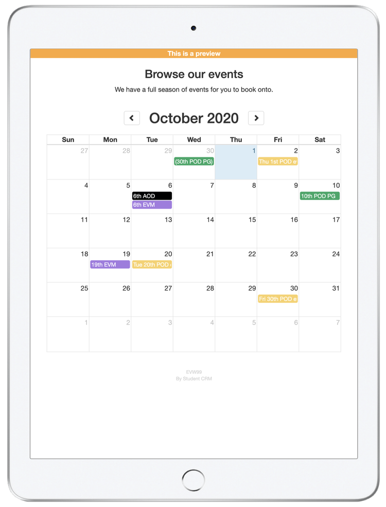 Public calendar preview showing Student CRM event listings