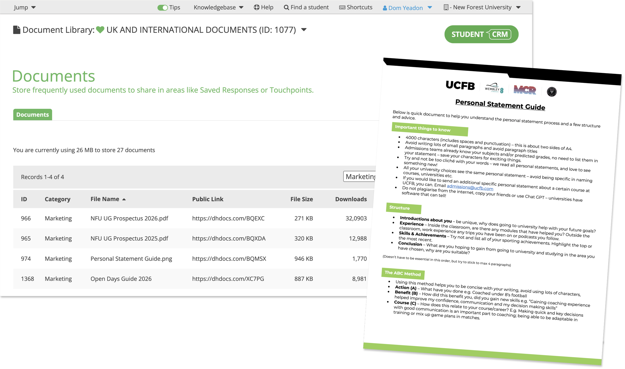 Central library of documents with smart short links